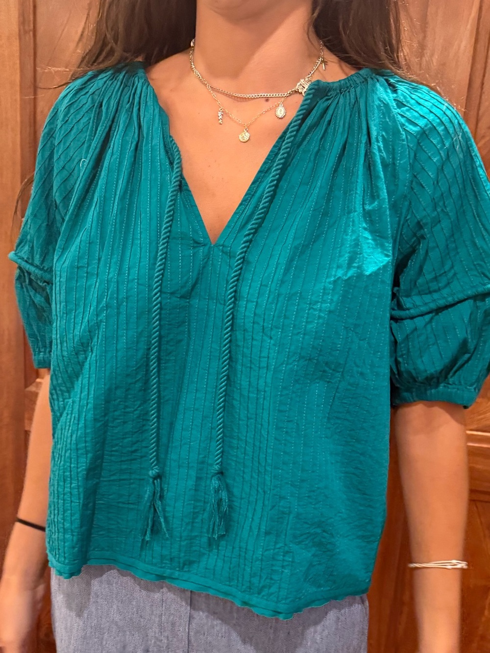 Ulla Johnson Teal V-Neck Tie-Front Peasant Blouse